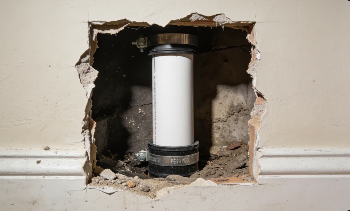 After — new schedule-40 PVC drain section with Fernco no-hub couplings