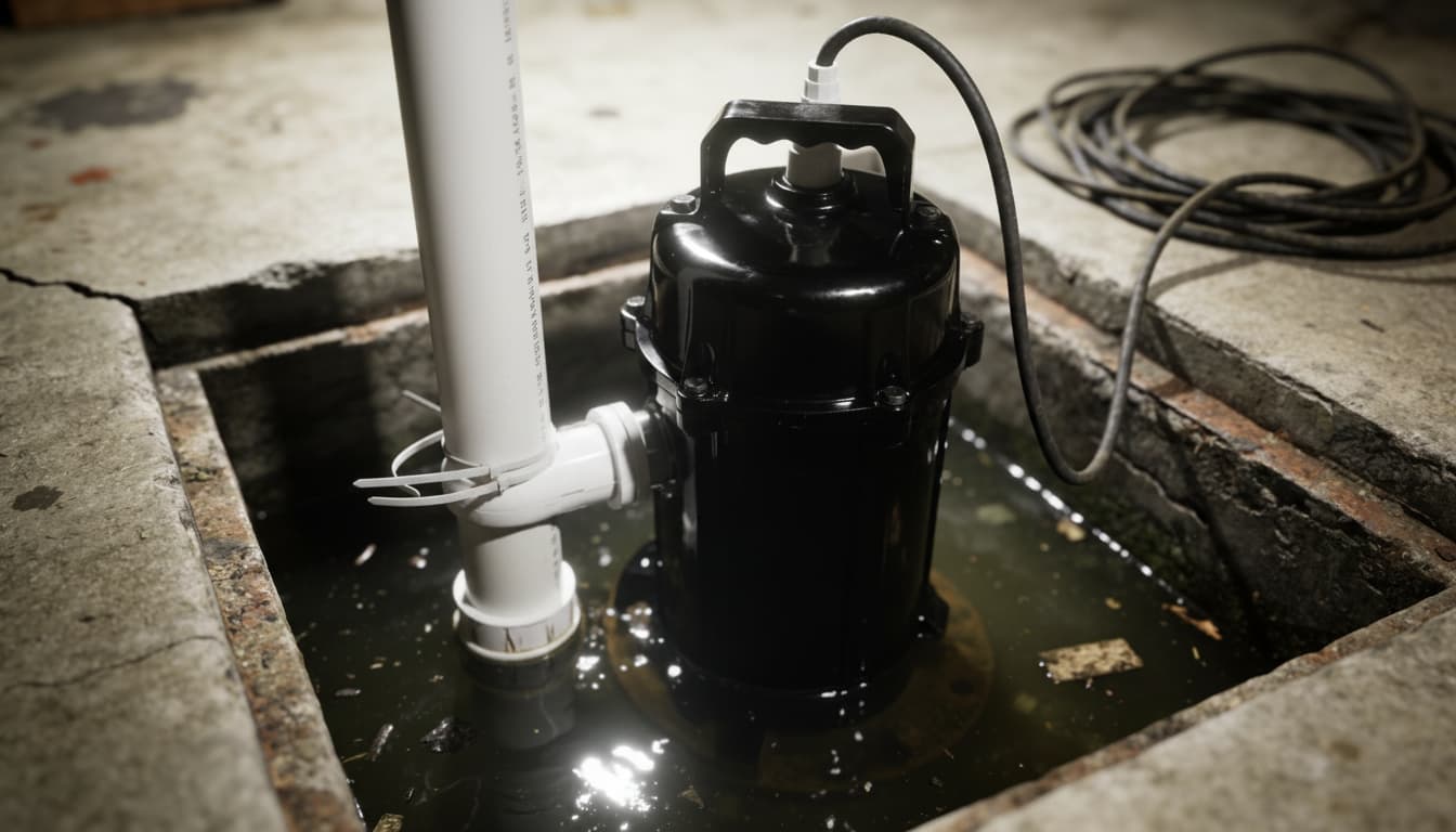 After — new submersible sump pump with PVC discharge line and check valve