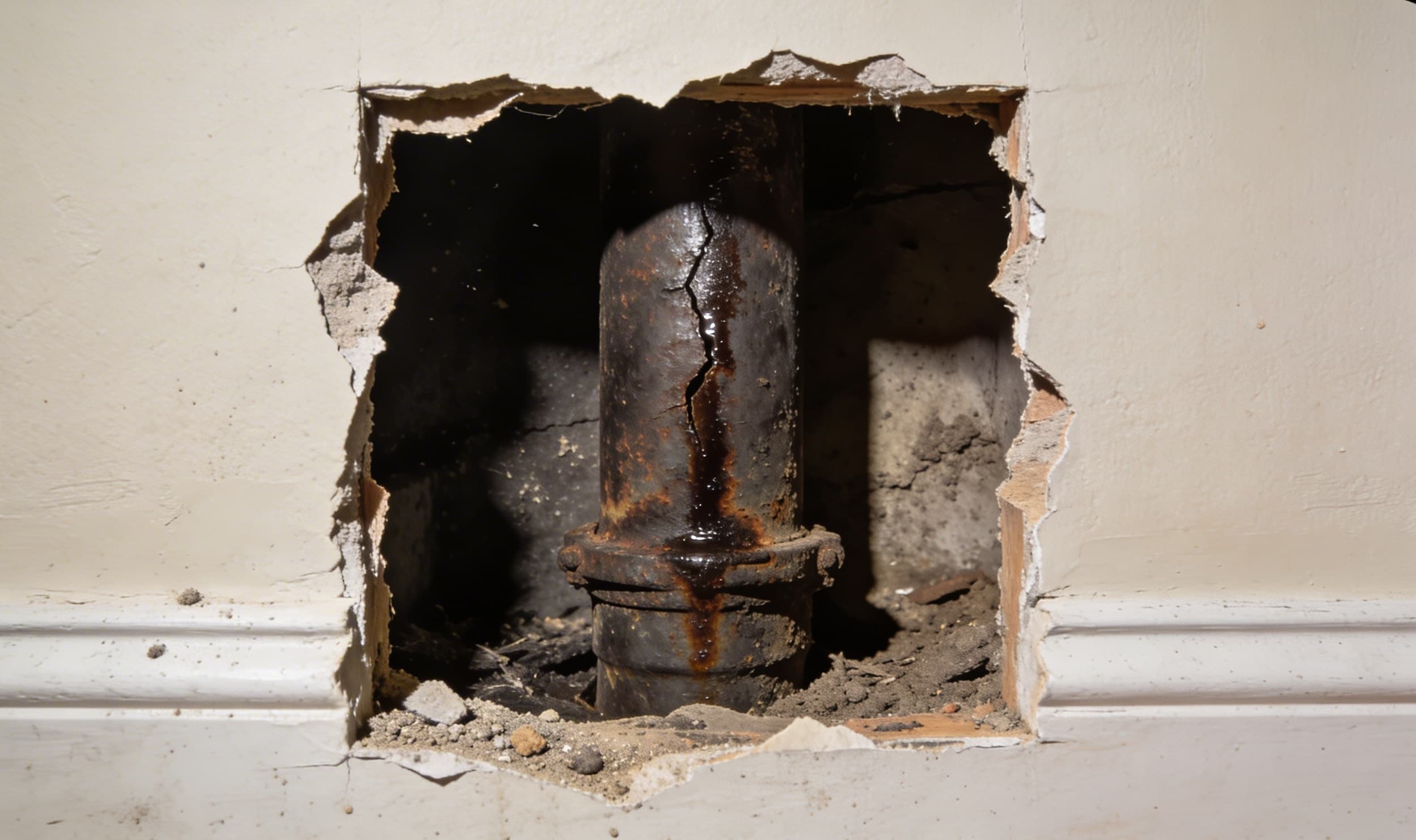 Before — heavily corroded cast iron drain pipe with cracks inside wall opening