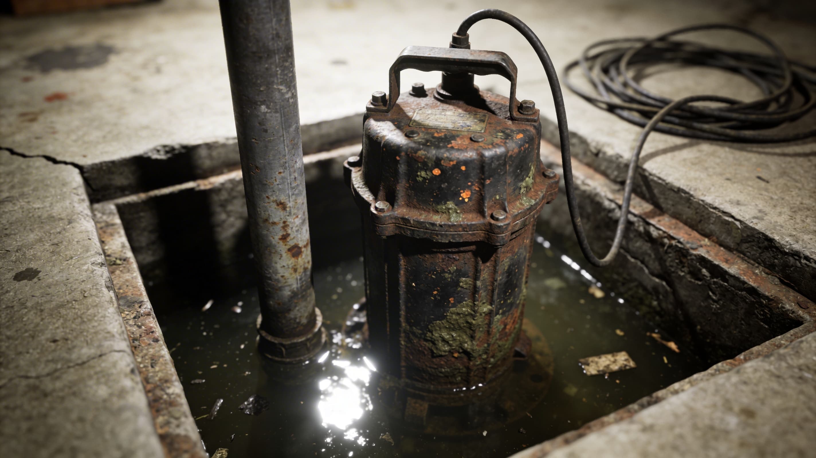 Before — seized rust-covered sump pump sitting in flooded pit with standing groundwater