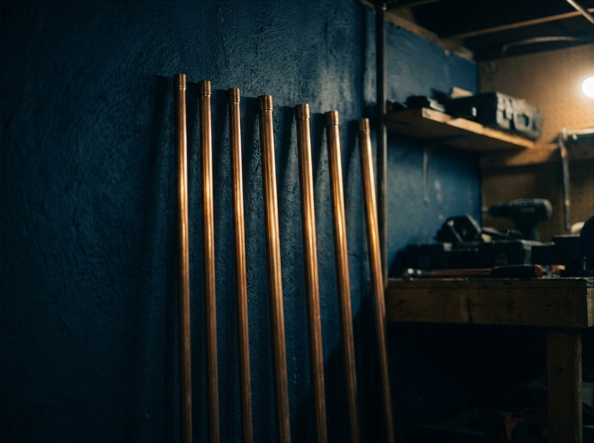 Copper pipes against dark wall